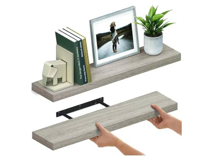 Schweberegal Schwebende Regale for die Wand, Wandregal aus Holz, 2er-Set Mit unsichtbaren Halterungen for Badezimmer, Wohnzimmer, Schlafzimmer, Küche(36 - 2 Pieces Grey)