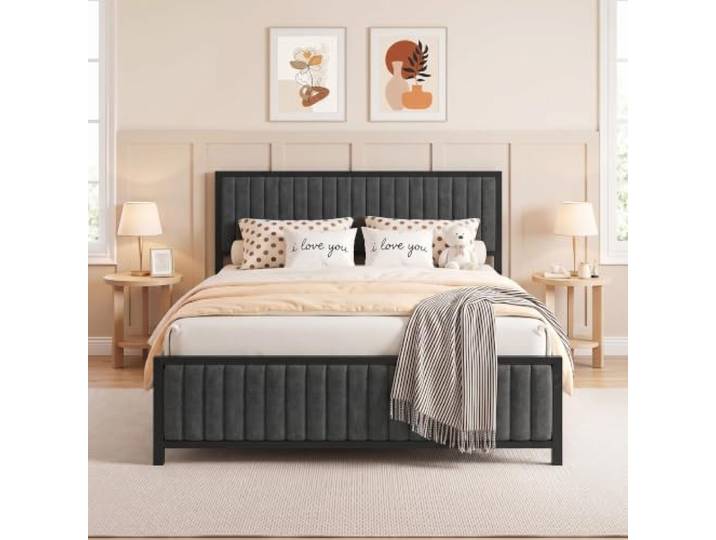 VECELO Bettgestell 140x200 cm, Doppelbett aus Metall mit gepolstertem Kopf- und Fußteil, Bettrahmen mit Lattenrost, 32 cm Stauraum unter dem Bett, geräuscharm, kein Boxspring nötig, Grau