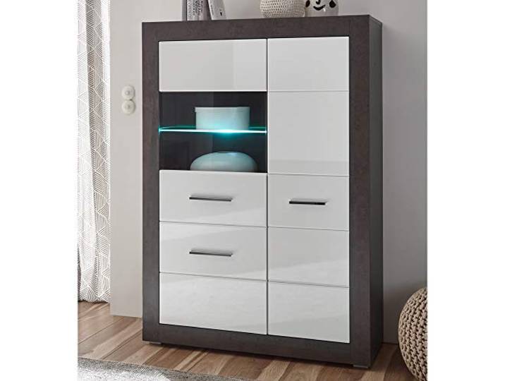 Lomadox Vitrine in hoogglans wit met donker betonlook, LED-verlichting