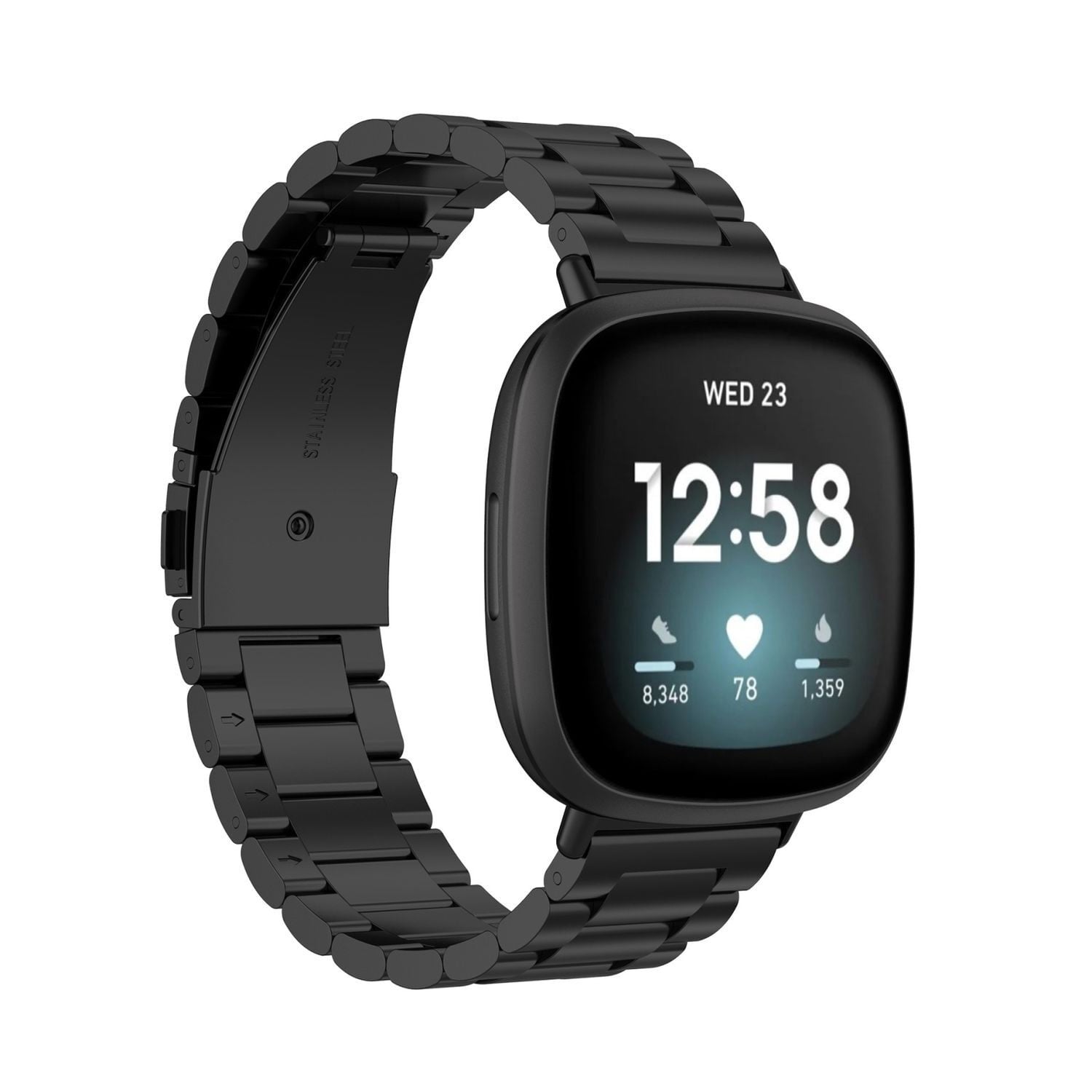 Wigento Vervangingsband van roestvrij staal voor Fitbit Versa 4, Versa 3 en Sense 1 + 2, Zwart
