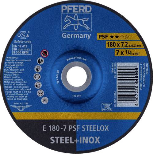 PFERD TOOLS 62017640 E 180-7 PSF STEELOX Schruppscheibe gekröpft Durchmesser 180mm Bohrungs-Ø 22.23mm Edelstahl, Stahl 10St.