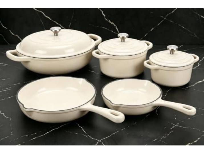 Antihaftbeschichtetes Emailliertes Gusseisen-Kochgeschirr-Set – 5-teiliges Töpfe und Pfannen mit Deckel, Bratpfanne, Bratpfanne, Dutch Oven Set für alle Herdplatten, ideal zum Backen von Sauerteigbrot