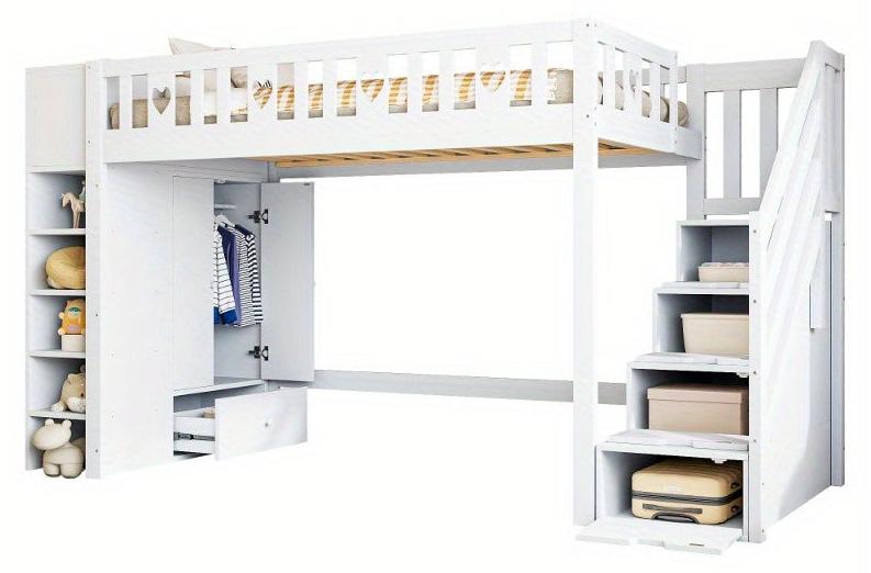 Etagenbett 90x200 cm - Weiß lackiertes Kinderbett und Etagenbett - Mit herzförmiger Sicherheitsvorrichtung und einer Treppe mit Ablagefächern
