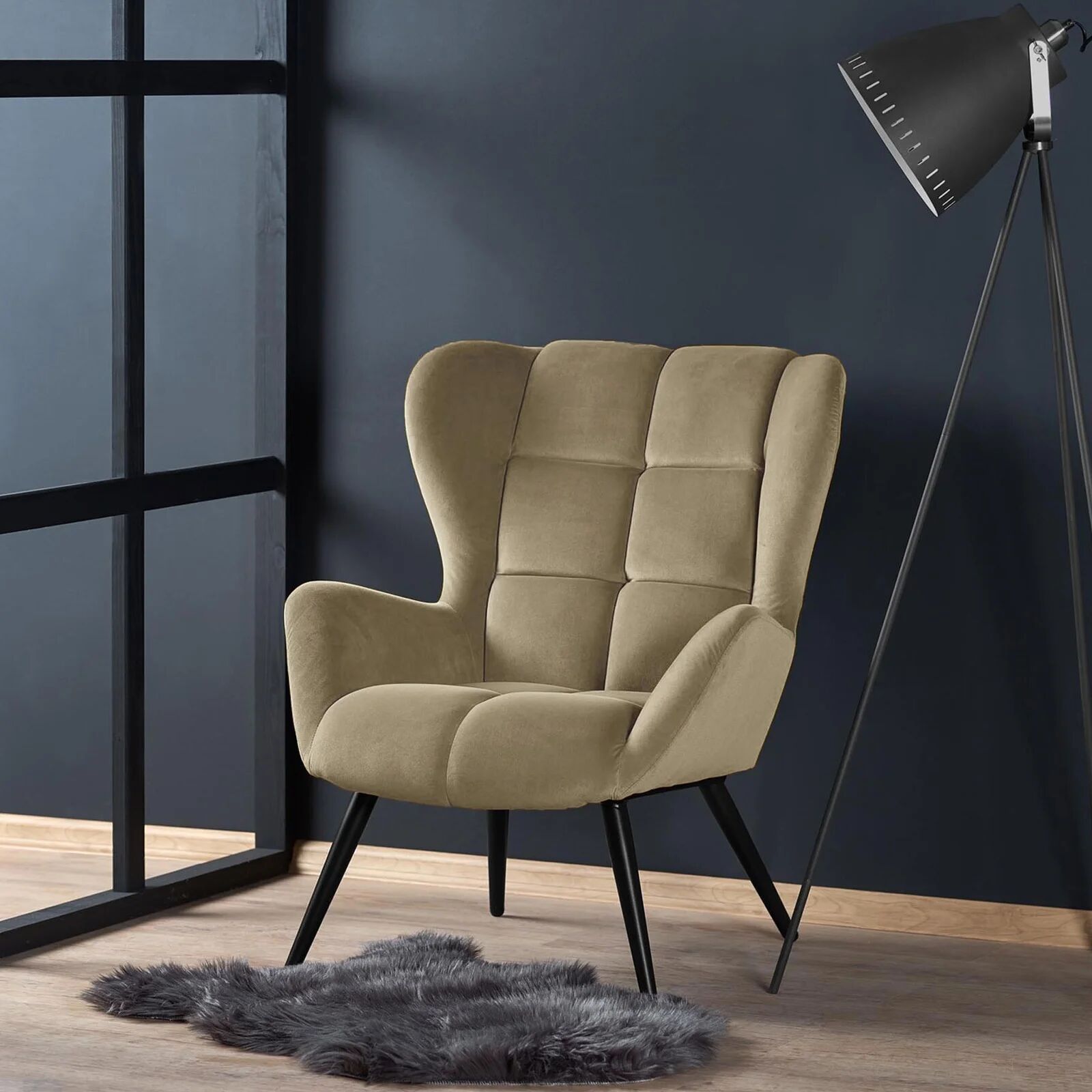 garneroarredamenti Poltrona imbottita in velluto beige nero Polly
