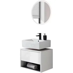BADMÖBEL-SET 2-teilig weiß Hochglanz, grau mit LED Beleuchtung 60 cm