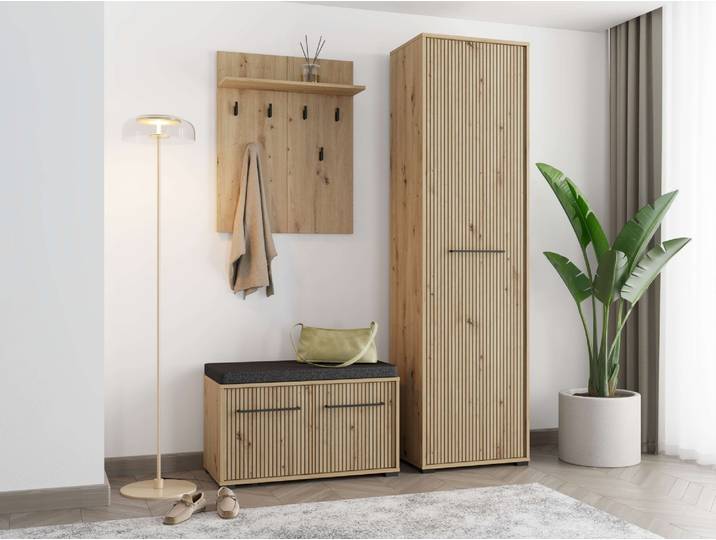 Garderoben-Set HOME AFFAIRE Landes Flurmöbel, Dielenmöbel, Flurgarderobe Breite 134,5 cm , braun (artisan eiche), B:134,5cm H:197,5cm T:40cm, Hartfaserplatte, Kunststoff, Metall, Spanplatte, Kastenmöbel-Sets, Garderoben-Set, Front Artisan Eiche mit dekorativen schwarzen Streifen