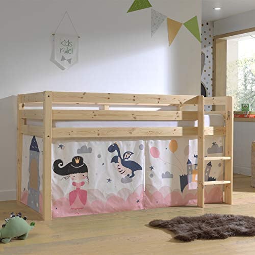 Vipack Halfhoog bed Pino van massief beukenhout met textielset Prinses Sophie, Breedte: 90 cm, Lengte: 200 cm