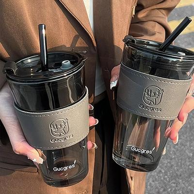 Universal Stock Aesthetic Glass Tumbler With Bamboo Lid & Reusable Straw For Iced Coffee And Smoothies a
