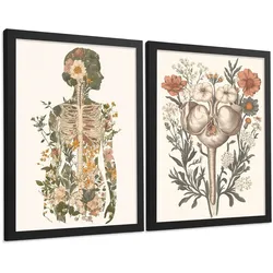 POSTER Set aus 2 Anatomie Mensch Drucke und Wandbilder mit Weiblicher Silhouette und Fortpflanzungssystem Botanischer Stil Größe Schwarzer Rahmen A3