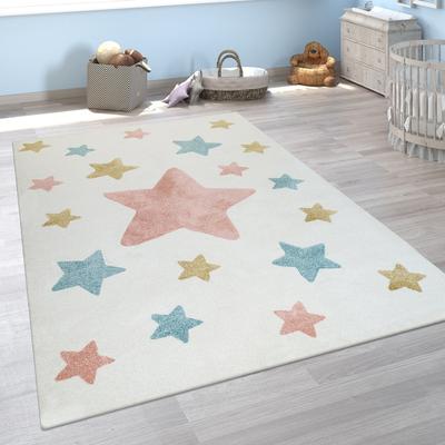 Paco Home Nursery Rug with Stars for Kids Room Starry Sky in Grey and Cream