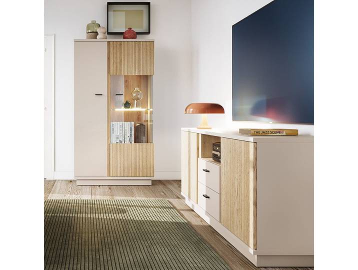 Lomadox Wohnzimmer-Set MOLINA-129, (Mega-Spar-Set, 2-St., Highboard Lowboard), Wohnzimmermöbel in Eiche & kaschmir mit Softclose & LED-Beleuchtung