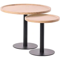 CLP 2er Set Beistelltische Aspen I 2 Couchtische mit runder Tischplatte aus Holz I Wohnzimmertische mit matt-schwarzem Metallgestell
