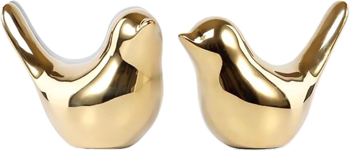 Set van 2 Keramische Vogel Beeldjes Goud - Moderne Tafeldecoratie voor Huis en Kantoor