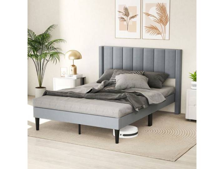 GIANTEX Lit 140 x 200cm - Cadre de Lit 2 Personnes - Tête de Lit - Tissu en Velours - 12 Lattes - Pieds en Bois de Caoutchouc -