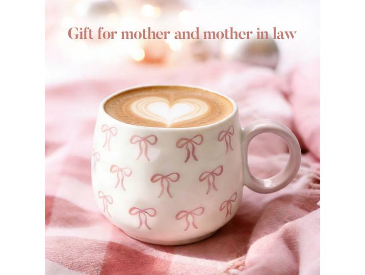 Tasse à café en céramique 400 ml Motif nœud rose Coffret cadeau inclus pour femmes Design élégant