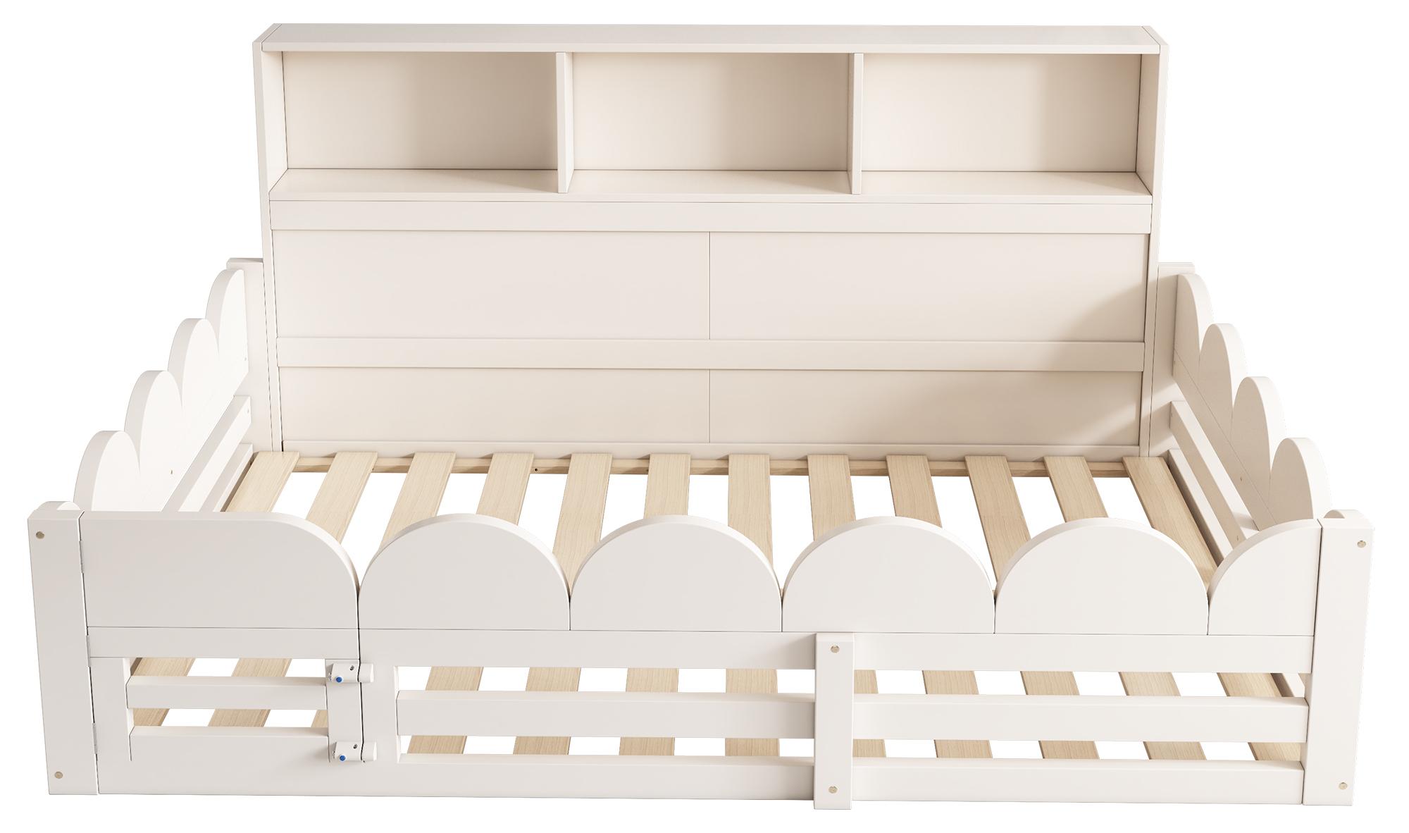 Kinderbodenbett 140x190 cm Weiß aus Holz mit Rausfallschutz, Tür, Regal, ohne Matratze