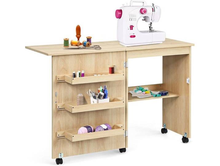 RELAX4LIFE Table Pliable pour Machine à Coudre - 4 Etagères de Rangement Armoire à Machine à Coudre - Roulettes avec Freins Naturel