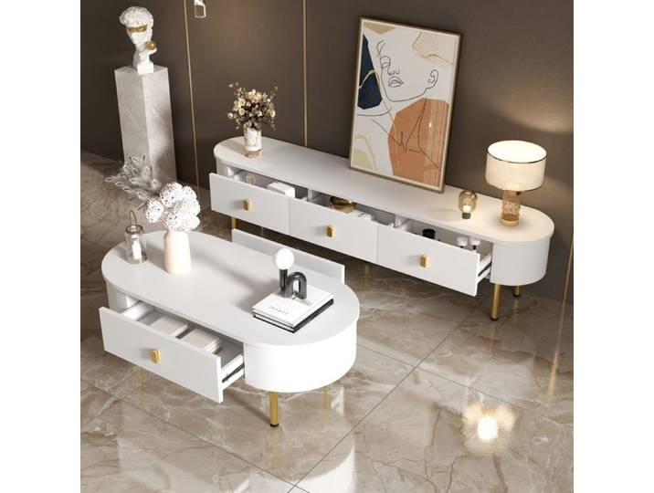COVREO Ensemble meuble TV et table basse avec tiroirs MDF blanc et or bords arrondis