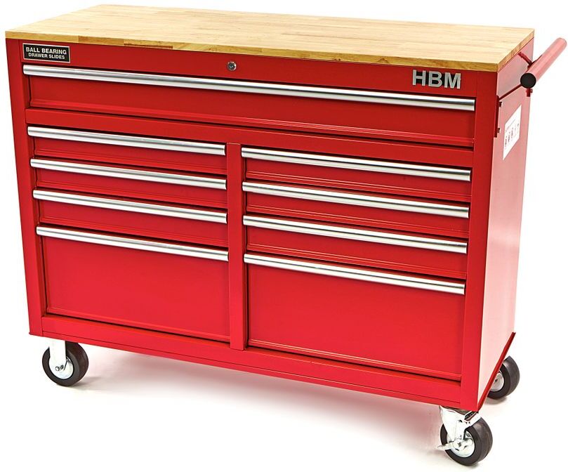 HBM Werkzeugwagen mit Holzarbeitsplatte, 117 cm, rot