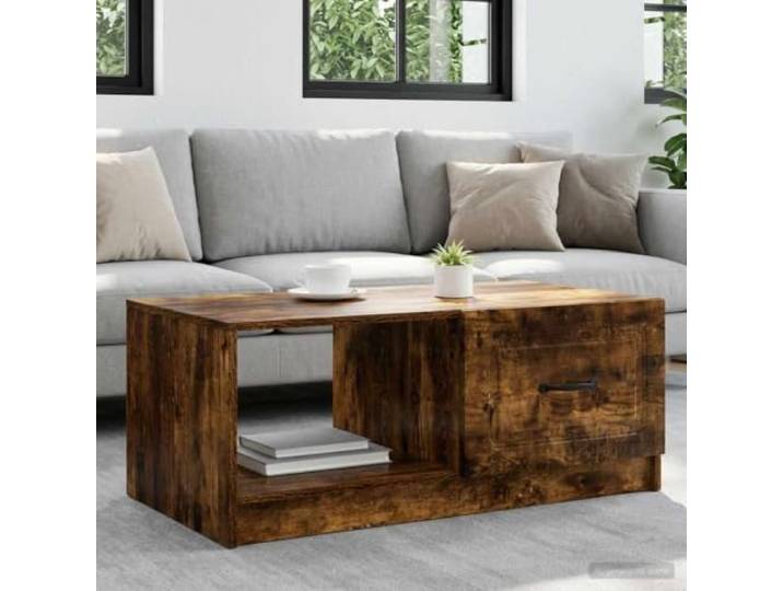 Couchtisch Räuchereiche Holzwerkstoff 90 x 50 x 37 cm mit Schwenktüren Stauraum, Schwenktüren, schwarze Stangengriffe, Vintage-Stil, pflegeleichte Oberfläche, Wohnzimmer