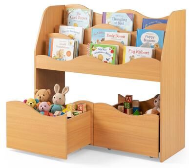 Costway Kids Toy Wooden Storage Organizer with 2 Rolling Drawers for Kids Room-Natrual