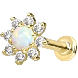 14 Karat Gold Labret mit Innengewinde MOISSANIT-BLUME + SYNTHETISCHER OPAL