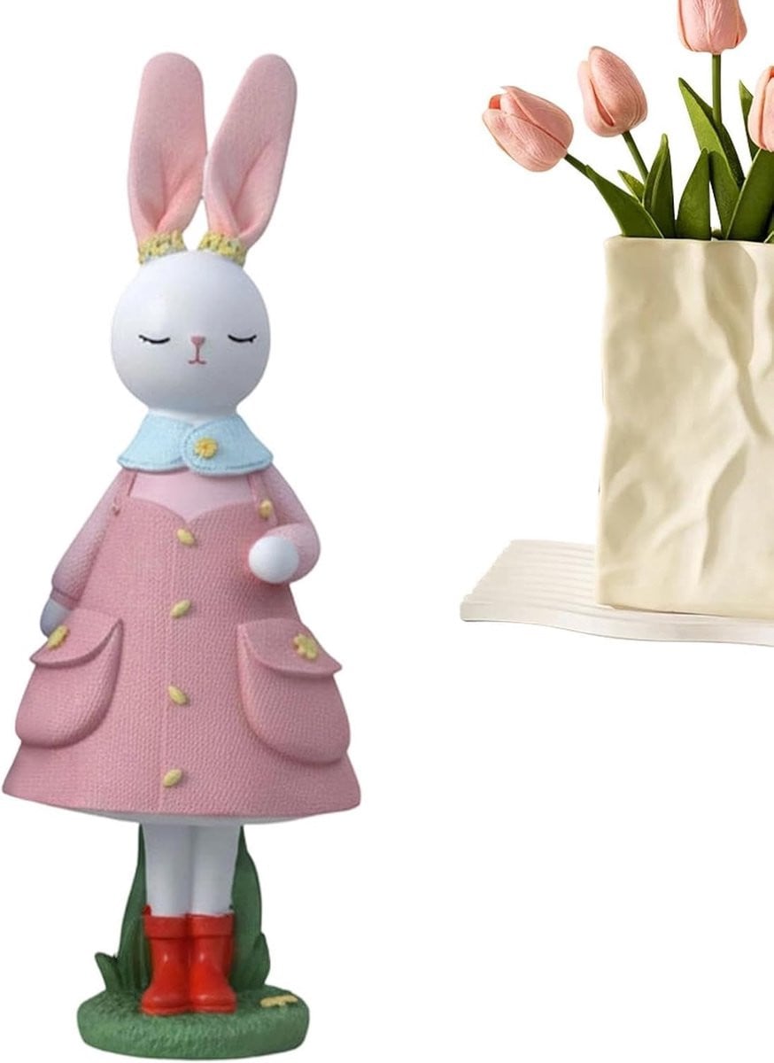 Paashaas Figuur Roze - Handgesneden Hars Dierenbeeldje Decoratie - Hoogte: 26 cm