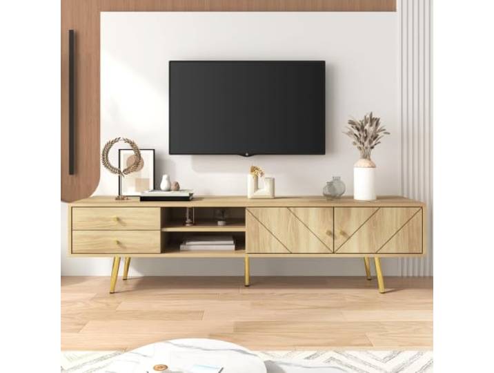 Fiednoy TV-Schrank Holzfarbe 160cm Mit 2 Schubladen Lowboard Mit Goldfüßen, Einzigartigen Rillentüren, TV Bank Für Wohnzimmer，50kg Tragfähigkeit