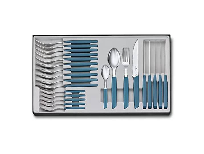 Victorinox Swiss Modern Besteck-Set für 6 Personen, 24-teilig, Inkl. Scharfe Steakmesser mit Wellenschliff, Kunststoffgriffe, Kornblumen-Blau