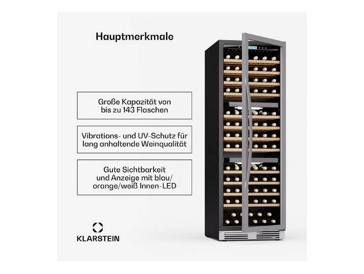 Klarstein Weinkühlschrank Vinovilla Trio 143, für 143 Standardflaschen á 0,75l,Wein Flaschenkühlschrank Weintemperierschrank Weinschrank Kühlschrank