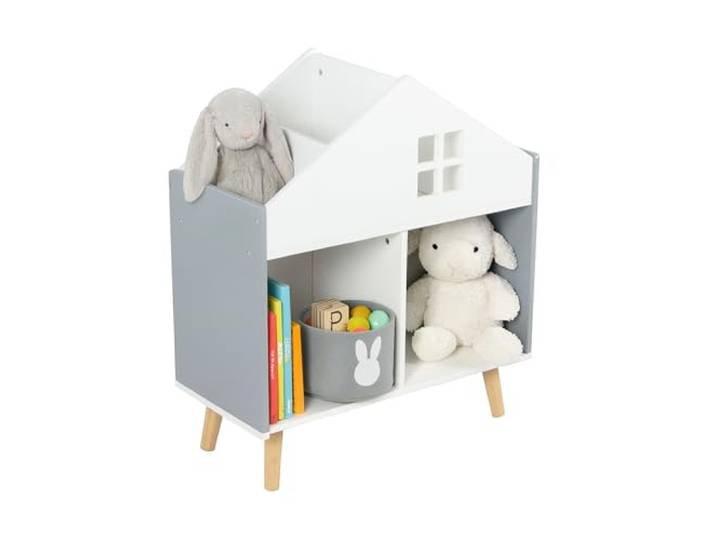 Relaxdays Kinderregal Hausform, 6 Fächer, weiß/grau