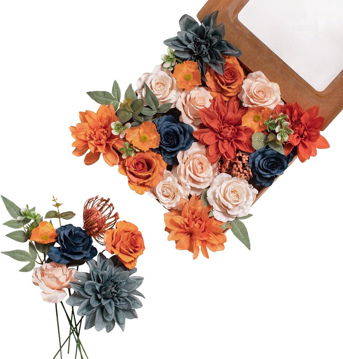 Set van 28 realistische zijden kunstbloemen in de vorm van rozen, kleur: gepassioneerd oranje