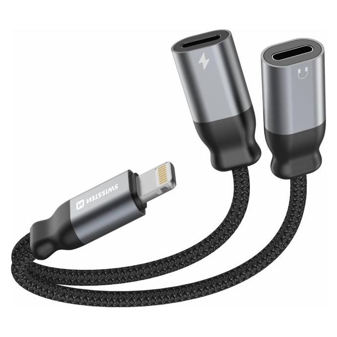 Swissten Audioadapter Lightning (male) / 2x Lightning (female) 0.12 M Schwarz (Lightning, Lightning) (73502303)
