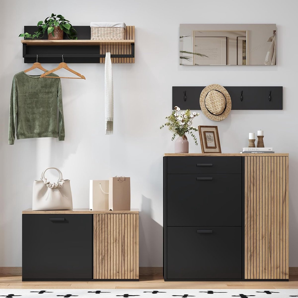 Vijfdelige Garderobeset Halmeubel Set met Spiegel in Houtkleur Zwart - B/D/H: 85 x 36 x 85 cm