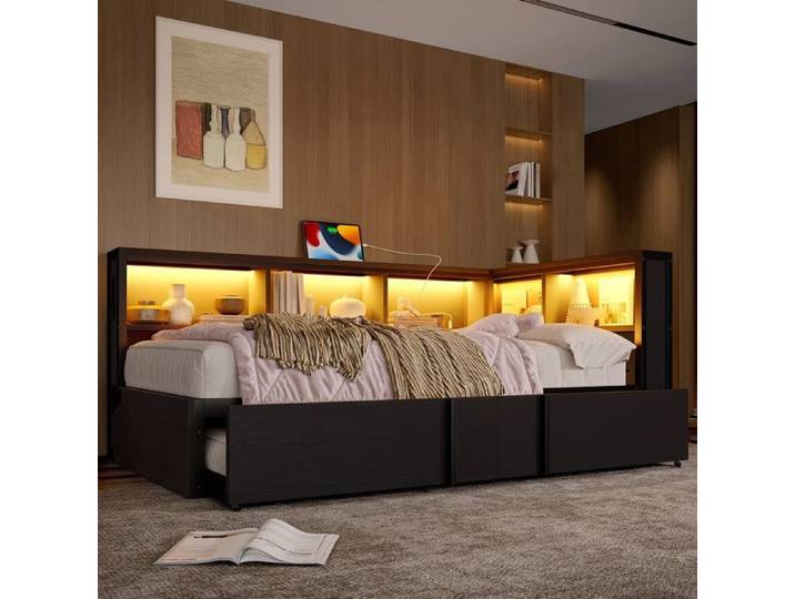 Lit gigogne 90x200 avec rangements LED et USB adulte métal noir