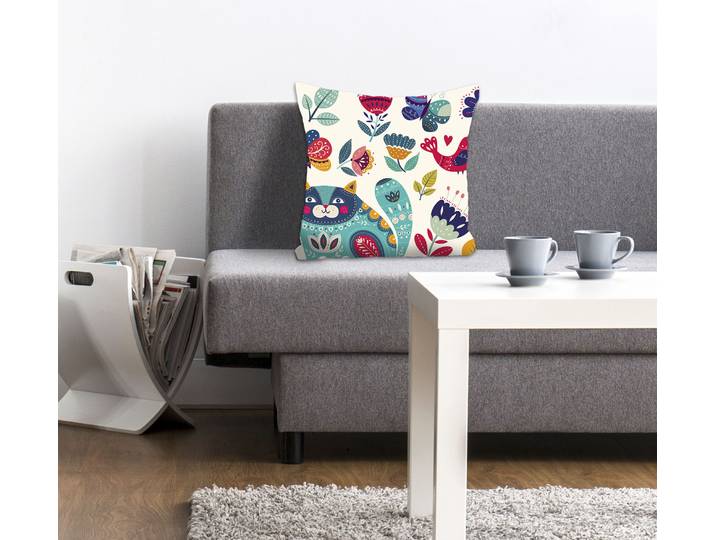 Dekokissen QUEENCE Ilma , bunt (bunt, bedruckt), B:40cm L:40cm, Polyester, Dekokissen_Sitzkissen_Kissenhüllen, Dekokissen, mit einer orientalischen Katze