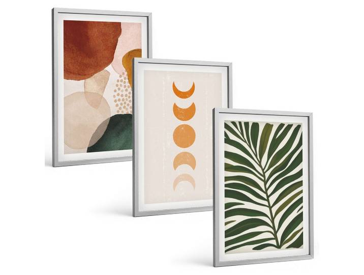 BILDER SET 3er Set - 40x60 cm Silberner Rahmen - Abstrakte Blattformen