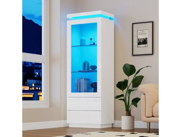 Armoire Vitrine Blanche 60x40x171 cm 2 tiroirs Portes Verre & LED Meuble Haut Éclat Salon sur Pied