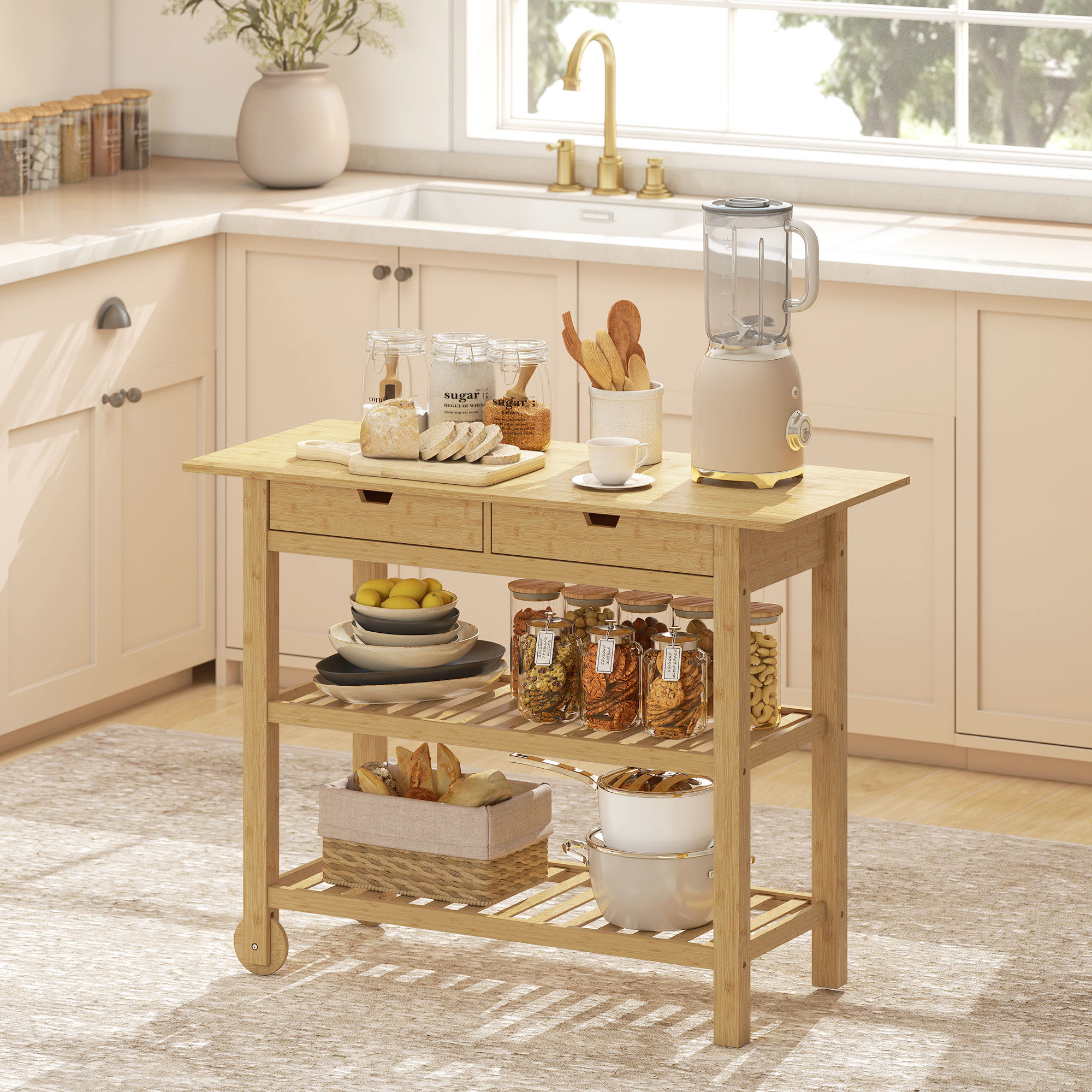 Altro Carrello Cucina In Legno Di Bambù Con 2 Cassetti, 2 Ripiani A Doghe E 2 Rotelle, 100x43x75 Cm, Legno