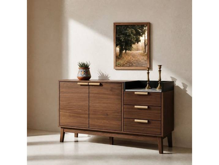 Buffet bas - ZEVKOR - Buffet 2 portes 3 tiroirs - Plateau aspect marbre - Chêne foncé - Rangement ouvert