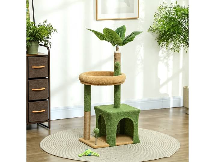 PawHut Arbre à Chat 98cm Niche Griffoirs Balles Vert