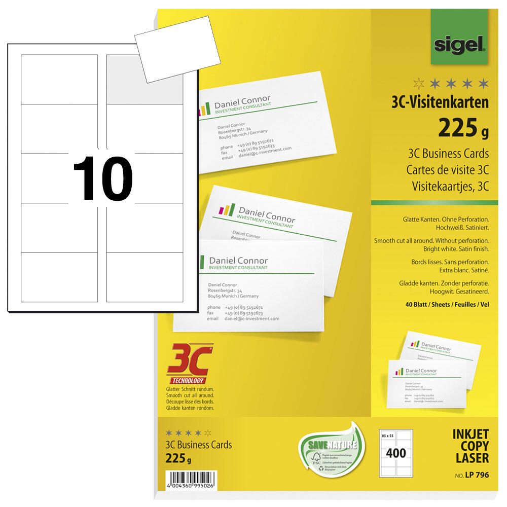 SIGEL Visitenkarten 225 g/m² satiniert hochweiß LP796