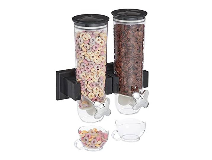 Relaxdays dubbele cornflakes dispenser, voor aan muur, muesli, ontbijtgranen, noten, snoep automaat kunststof, zwart