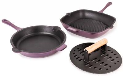 BergHOFF Neo 3pc Cast Iron Set Fry Pan Grill Pan & Slotted Steak Press Purple