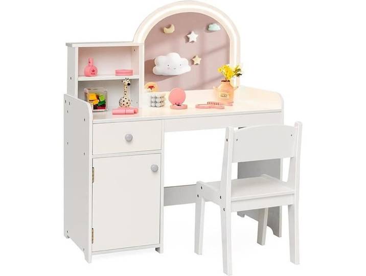 GOPLUS Coiffeuse Enfant avec Lumière LED Bicolores Table de Maquillage avec Mirroir Acrylique et Armoire pour Fille 3+ Ans Blanc