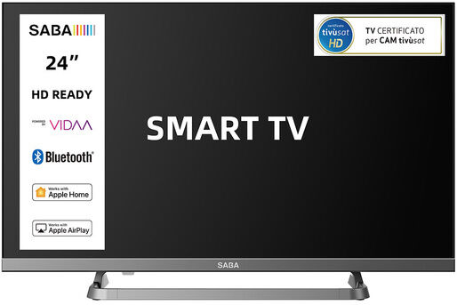 Saba SA24S89VDA SMART TV 24'' HD READY, Sistema operativo VIDAA, Triplo tuner DVBT2/C/S2 HEVC MAIN10, Certificato TivuSAT, Piedistallo centrale, Dolby Au