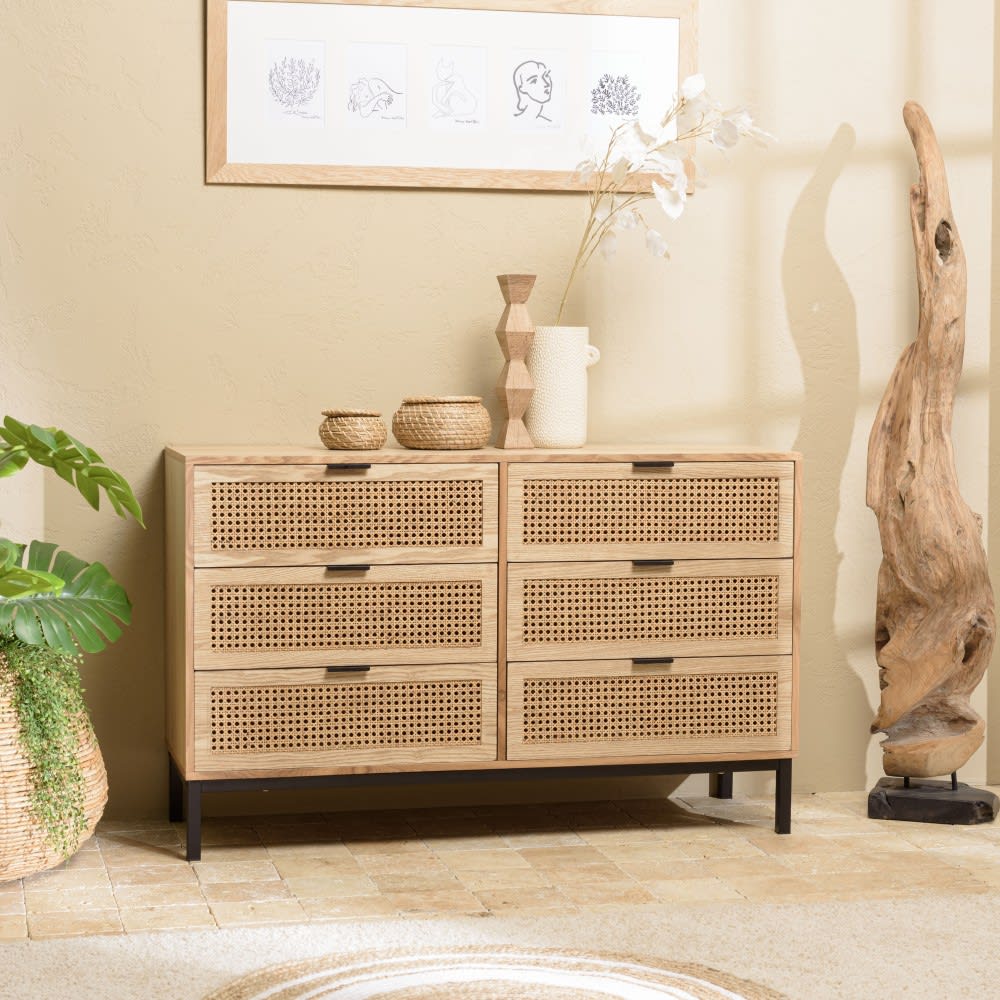 MACABANE Commode 6 tiroirs cannage naturel pieds métal noir Marron 120x76x40cm