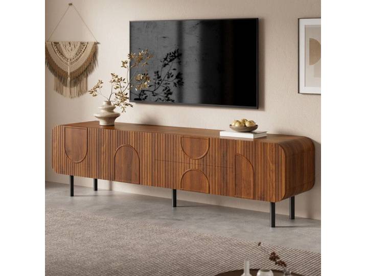 Luscriate - Meuble TV lisse 180 cm avec 3 Portes et 2 Tiroirs Pieds en Métal Jusqu'à 75 pouces pour ce meuble TV - Noyer