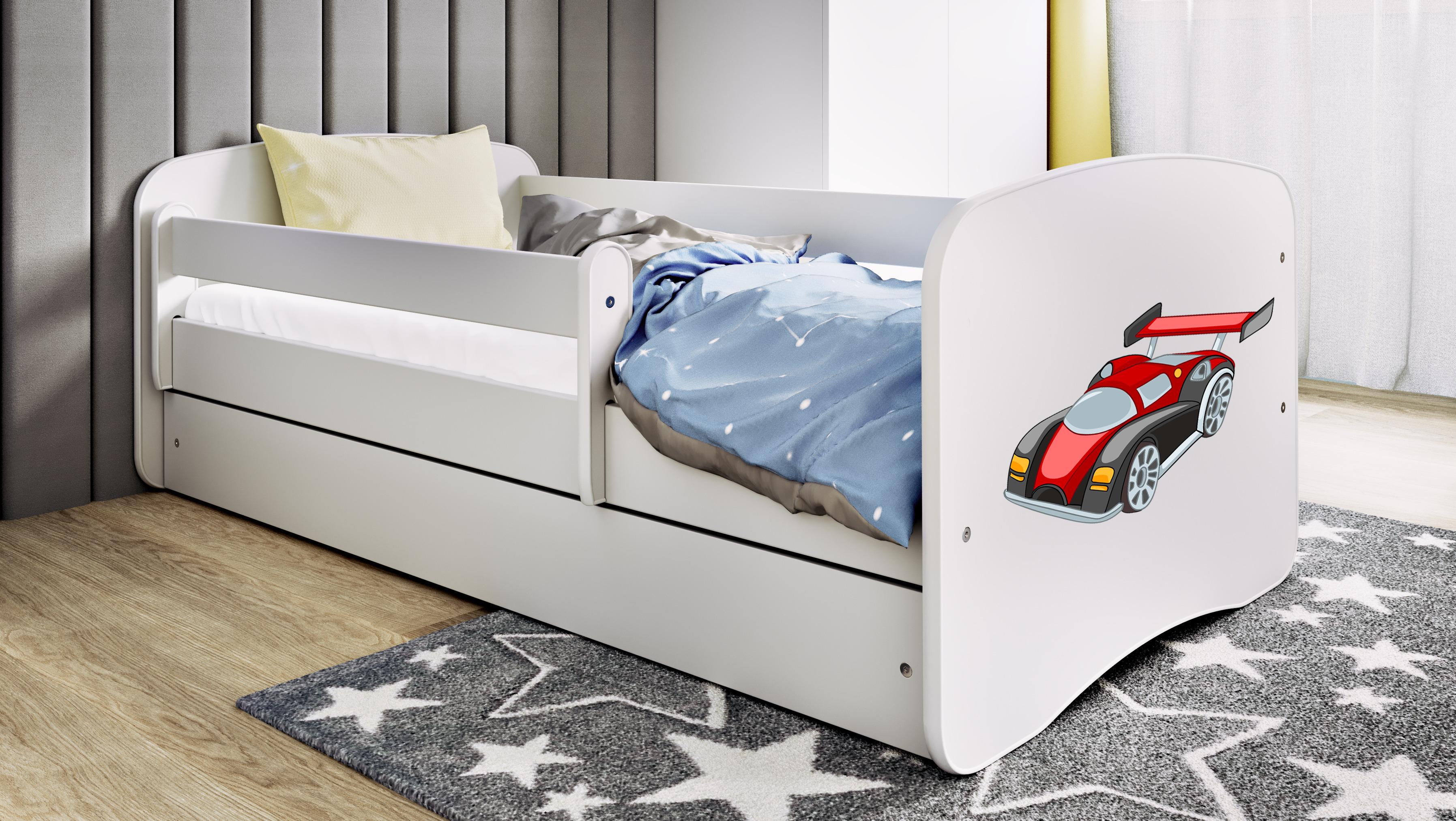 Kinderbett Jugendbett Rennwagen 70x140, 80x160, 80x180 cm - Komplettset mit Schublade & Rausfallschutz