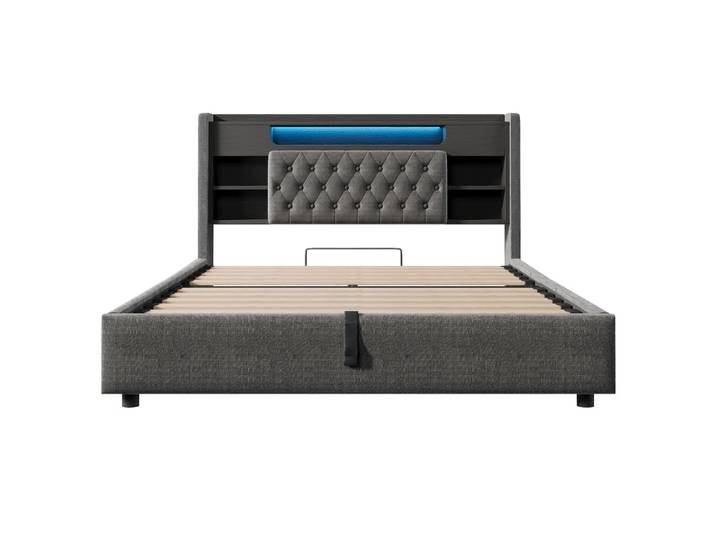 Lit tapissier double en lin gris 140x200cm